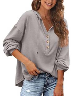 POMTIMCO Damen Langram Sweatshirt Übergroßer Hoodie Kapuzenpullover Streetwear Pulli Henley Shirt (Grau,XXL) von POGTMM