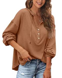 POMTIMCO Damen Pulli Locker Lange U-Neck Lose Casual Langarmshirts Oversized Pullover Sweatshirt Tops (Khaki,XL) von POGTMM