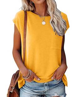 POMTIMCO Damen Tshirt Kurzarm Locker Rundhals mit Tasche Basic Sommer Oberteile Tunika Top Tee (S,Kurkuma) von POGTMM