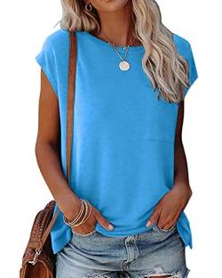 POMTIMCO Longshirt Damen Kurzarm Loose Summer Rundhals T-Shirt Freizeit Tasche Tunika Blusen(XL,Himmelblau) von POGTMM