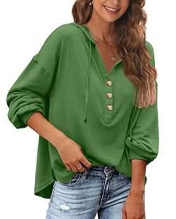 POMTIMCO V Ausschnitt Pullover Damen Knopfleiste Henley Sweatshirt Herbst Oversize Pulli Longshirt Bluse Hemd (Grün,S) von POGTMM