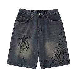 POHADON Y2K Blau Denim Shorts Sommer Casual Loose Straight Leg Unisex Baggy Jeans Shorts Jorts Grunge Harajuku Streetwear, Spinne, Large von POHADON