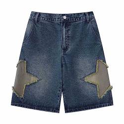 POHADON Y2K Blau Denim Shorts Sommer Casual Loose Straight Leg Unisex Baggy Jeans Shorts Jorts Grunge Harajuku Streetwear, Stern Patch, Small von POHADON