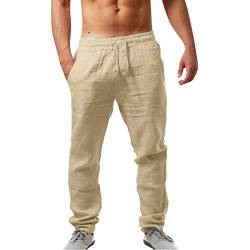 Herren Leinenhose Lang Leicht Sommerhose Loose Fit Freizeithose für Urlaub Strand Alltag von POIUIYQA