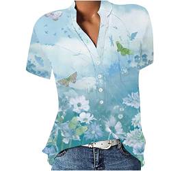 POIUIYQA Blusen & Tuniken für Damen Bluse Kurzarm V-Ausschnitt Hemdbluse Sommer Shirt Blumen Knopfleiste Tunika Tops Oversize Locker Oberteil Longshirt Hemd von POIUIYQA