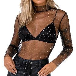 POIUIYQA Damen Glitzer Mesh Oberteile Y2K Netz Top mit Sterne Festival Outfit Techno Party Transparent Netzoberteil Sexy Rave Durchsichtig Langarm Bluse von POIUIYQA