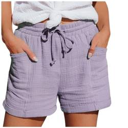 POIUIYQA Damen Shorts Sommer Musselin Hose Lässige mit hoher Taille Gerades Bein Sport Lässige Lockere Shorts mit Kordelzug Kurze Hose mit Taschen Gummiband Freizeit Shorts Elastische Stoffhose von POIUIYQA