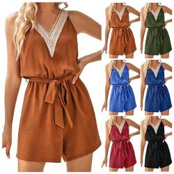 POIUIYQA Jumpsuit Damen Kurz Sommer V-Ausschnitt Playsuit Gürtel Kurzarm Breites Hosenbein Romper Casual Overalls mit Taschen von POIUIYQA