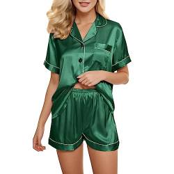 POIUIYQA Satin Pyjama Damen Kurz Schlafanzug mit Knopf Frauen Seide Nachtwäsche V-Ausschnitt Zweiteiliger Pjs Sets Hausanzug von POIUIYQA