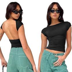 Backless Top Damen Y2K Slim Fit Oberteil Crop Top Rückenfreies Oberteile Kurzarm/Langarm Front Back Reversible Cropped Tee T-Shirt Streetwear Basic Langarmshirt (as3, Alpha, m, Regular, Regular) von POLCPAI