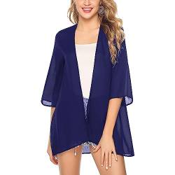 Damen Strandkleid Chiffon Kimono Cardigan Bikini Cover Up Blumen Print Leichte Strand Offene Front Jacke für Sommer Bademode Strand Vertuschen Shirt (as3, Alpha, s, m, Regular, Regular, blau) von POLCPAI