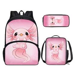 POLERO 3 Stück Schulranzen Set 3D Druck Rucksack Lunchtasche Federmäppchen Tagesrucksack Studenten Büchertaschen, Axolotl Pink, Einheitsgröße, Kinderrucksack von POLERO