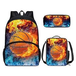 POLERO 3 Stück Schulranzen Set 3D Druck Rucksack Lunchtasche Federmäppchen Tagesrucksack Studenten Büchertaschen, Basketball-Druck, Einheitsgröße, Kinderrucksack von POLERO