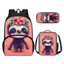 POLERO 3 Stück Schulranzen Set 3D Druck Rucksack Lunchtasche Federmäppchen Tagesrucksack Studenten Büchertaschen, Faultier-Rosa, Einheitsgröße, Kinderrucksack von POLERO