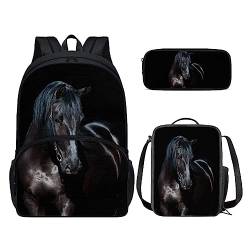 POLERO 3 Stück Schulranzen Set 3D Druck Rucksack Lunchtasche Federmäppchen Tagesrucksack Studenten Büchertaschen, Schwarzes Pferd, Einheitsgröße, Kinderrucksack von POLERO