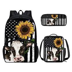 POLERO 3 Stück Schulranzen Set 3D Druck Rucksack Lunchtasche Federmäppchen Tagesrucksack Studenten Büchertaschen, USA-Flagge Sonnenblume Kuh, Einheitsgröße, Kinderrucksack von POLERO