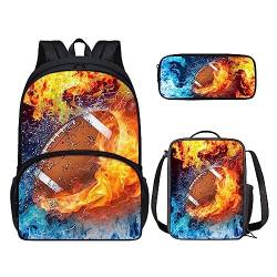 POLERO 3-teiliges Set Galaxy Schulrucksack Mittagessen Tasche Federmäppchen Casual Daypacks Leicht für Reisen, Fire Rugby, Einheitsgröße, Kinderrucksack von POLERO