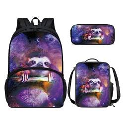 POLERO 3D-Druck Rucksack für Kinder Schultasche Büchertasche Lunchbox Federmäppchen 3-teiliges Set, Galaxy Faultier, Einheitsgröße, Kinderrucksack von POLERO