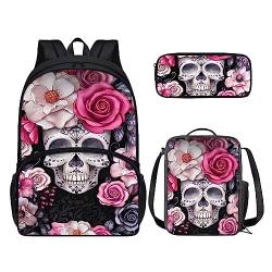 POLERO 3D-Druck Rucksack für Kinder Schultasche Büchertasche Lunchbox Federmäppchen 3-teiliges Set, Totenkopf Blume, Einheitsgröße, Kinderrucksack von POLERO