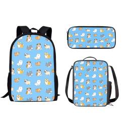 POLERO Basketball-Schultaschen-Set für Jungen, Mädchen, Kinder, lässige Büchertasche mit Federmäppchen und Lunchtasche, 3-teiliges Set, Hundeblau, Einheitsgröße, Schulranzen-Set von POLERO