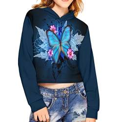 POLERO Butterfly Crop Tops für Mädchen Floral Hoodie Langarm Sweatshirt mit Kapuze Lässige Kapuzenpullover, blau mit schmetterlingen, 9-10 Jahre von POLERO