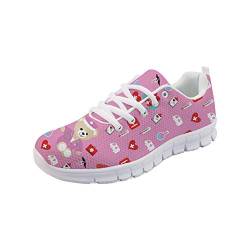 POLERO Cartoon Bär Sports Shoes Damen Sneakers Sportschuhe Leichte Laufen Walking Mesh Flats Tennis Schuhe Laufschuhe für Frauen Sport Wohnungen Pink Größe 40 von POLERO