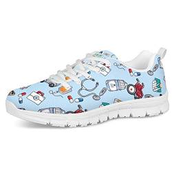 POLERO Cartoon Nurse Bear Sneaker Krankenschwester Schuhe Damen Sportschuhe Schnürer Freizeitschuhe Hellblau 39 EU von POLERO