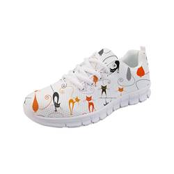 POLERO Damen Sneaker atmungsaktive Schnürer Schuhe leichte Turnschue Sportschuhe mit Cartoon Katze Muster für Frühling und Sommer Weiß 40 EU von POLERO