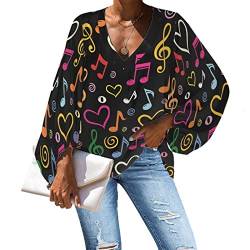 POLERO Gänseblümchen-Chiffon-Bluse für Damen, Laterne, langärmelig, florales Bluse, Musiknoten, elegantes Hemd, V-Ausschnitt, lässige Oberteile, Musiknotizen, Large von POLERO