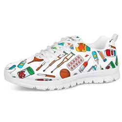 POLERO Herren Damen Laufschuhe Atmungsaktiv Turnschuhe Schnürer Sportschuhe Sneaker mit Cartoon Krücken Pille Nadelschlauch Print Weiß 40 EU von POLERO