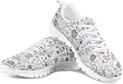 POLERO Herren Damen Laufschuhe Atmungsaktiv Turnschuhe Schnürer Sportschuhe Sneaker mit Cartoon Nurse Print Hellgrau 43 EU von POLERO