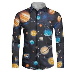 POLERO Herren Hemd Langarm Button Down Shirts Weltraum Galaxy Shirt für Casual, Planeten, L von POLERO