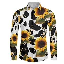 POLERO Herren Hemd Langarm Button Down Shirts Weltraum Galaxy Shirt für Casual, Sonnenblumen-Kuh-Aufdruck, XL von POLERO