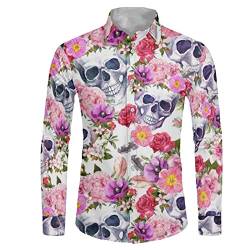 POLERO Herren Hemd Langarm Button Down Shirts Weltraum Galaxy Shirt für Casual, Totenkopf Blumen, XL von POLERO