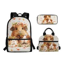 POLERO Kinder-Büchertasche und Lunchbox mit Federmäppchen für Mädchen und Jungen, Schulrucksäcke, 3-teiliges Set, Meerschweinchen-Blumen, Einheitsgröße, Schulranzen-Set von POLERO