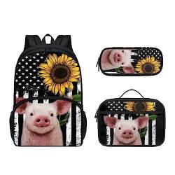 POLERO Kinder-Rucksack für die Schule, niedliche Büchertasche, Tagesrucksäcke, 3-teiliges Set mit Lunch-Tasche, Federmäppchen, USA-Flagge Sonnenblumenschwein, Einheitsgröße, Kinderrucksack von POLERO