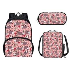 POLERO Kinder-Schulrucksack, 3D-Druck, Schultaschen-Set, lässige Reise-Büchertasche, Lunch-Tasche, Federmäppchen, Possums Flowers, Einheitsgröße, Kinderrucksack von POLERO