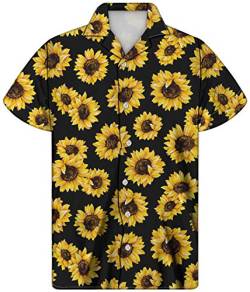 POLERO Klassisches Sommer-Hawaii-Hemd für Herren, kurzärmeliges Hemd, Button-Down-Shirt, normale Passform, Freizeithemden Gr. XL, Sonnenblume Schwarz von POLERO