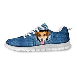 POLERO Laufschuhe Damen Herren Sneaker Atmungsaktiv Turnschuhe Schnürer Sportschuhe mit Zerrissener Denim Hunde Muster 45 EU von POLERO