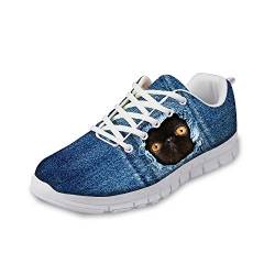 POLERO Laufschuhe Damen Herren Sneaker Atmungsaktiv Turnschuhe Schnürer Sportschuhe mit Zerrissener Denim Katze Muster 39 EU von POLERO