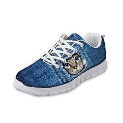 POLERO Laufschuhe Damen Herren Sneaker Atmungsaktiv Turnschuhe Schnürer Sportschuhe mit Zerrissener Denim Katze Muster 39 EU von POLERO