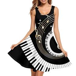 POLERO Musiknoten-Tankkleid für Damen, ärmellos, U-Ausschnitt, lässiges Midi-T-Shirt-Kleid, Musik-Party-Swing-Kleid, Musiknoten Klavier, Small von POLERO