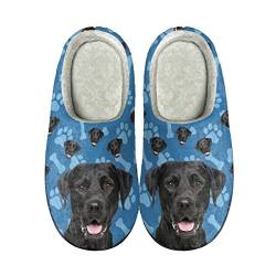 POLERO Niedlicher Hausschuh mit Hund und Katzen-Aufdruck, für Damen und Herren, offener Rücken, flauschiger Winter-Hausschuh, Schwarzer Labrador Retriever, X-Large von POLERO