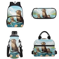 POLERO Niedlicher Kinder-Schulrucksack, Lunch-Kühltasche, Wasserflaschenabdeckung, Federmäppchen, Stiftetasche, Tasche, Halter, Reise-Tagesrucksack, Otterblumen, Einheitsgröße, Schulranzen-Set von POLERO