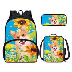 POLERO Niedlicher Rucksack für Kinder, Schulranzen-Set, 3-teilig, lässiger Tagesrucksack, Büchertasche, Lunchtasche, Sunflower Corgi Hund, Einheitsgröße, Kinderrucksack von POLERO