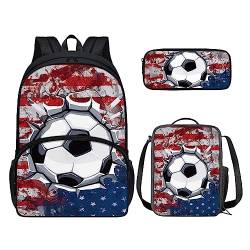 POLERO Niedlicher Rucksack für Kinder, Schulranzen-Set, 3-teilig, lässiger Tagesrucksack, Büchertasche, Lunchtasche, USA-Flagge Fußball, Einheitsgröße, Kinderrucksack von POLERO