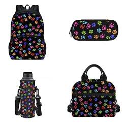 POLERO Niedlicher Rucksack für Kinder, Schultasche, Büchertasche, Lunchtasche, Federmäppchen, Wasserflaschenabdeckung, Set, Mehrfarbige Pfotenabdrücke, Einheitsgröße, Schulranzen-Set von POLERO