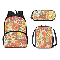 POLERO Pferde-Schulrucksack, Kinder-Büchertaschen-Set, Lunch-Tragetasche, Federmäppchen, 3 Stück, Schultaschen, Tagesrucksack, blumen, Einheitsgröße, Kinderrucksack von POLERO