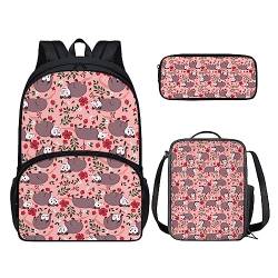 POLERO Rucksack für Kinder, niedliche Schultasche, Büchertasche, Tagesrucksack mit Lunchbox und Federmäppchen, Opossums Blumen, Einheitsgröße, Kinderrucksack von POLERO