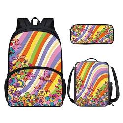 POLERO Rucksack für Mädchen und Jungen, niedliches Federmäppchen, Lunchbox, Schulbüchertaschen-Set, Bunte Streifen Schmetterling Blumen, Einheitsgröße, Kinderrucksack von POLERO